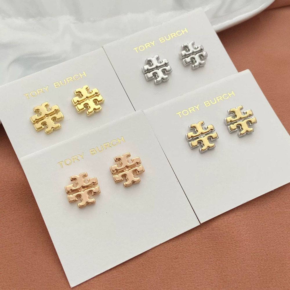 Tory Burch Alphabet Stud Earrings Polished Metal Inlay
